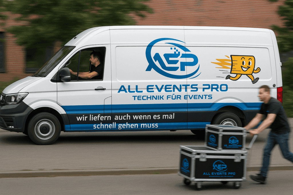 Lieferwagen in Weiß-Blau mit Logo und Slogan, Mann schiebt Equipment, dynamische Szene.