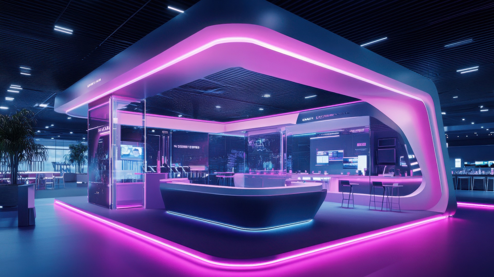 Futuristischer Messestand mit pinken Neonlichtern